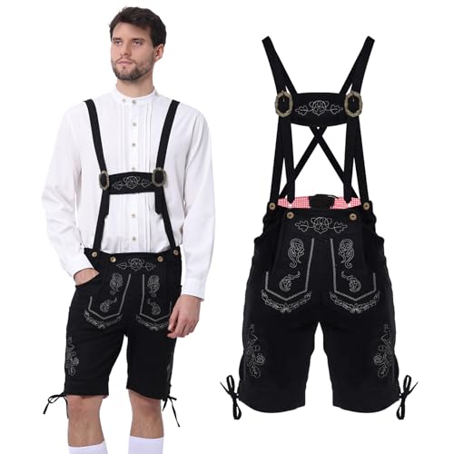 IEEILULU Lederhose Herren, Oktoberfest Trachtenlederhosen für Herren, Bayerische Herren Outfit Lederhosemit Abnehmbarem Lätzchenträger für Oktoberfest Party 3 Farbvarianten Gr. S-XXL (Schwarz, S) von IEEILULU