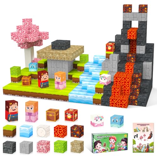 IEEILULU Magnetische Bausteine 100PCS - Build Mine Magnete Welt Set, Magnetische Bausteine Blöcke Thema Wald, Magnet World Fliesen Spielzeug für Kinder ab 3 Jahren (Prinzessin und Ritter) von IEEILULU