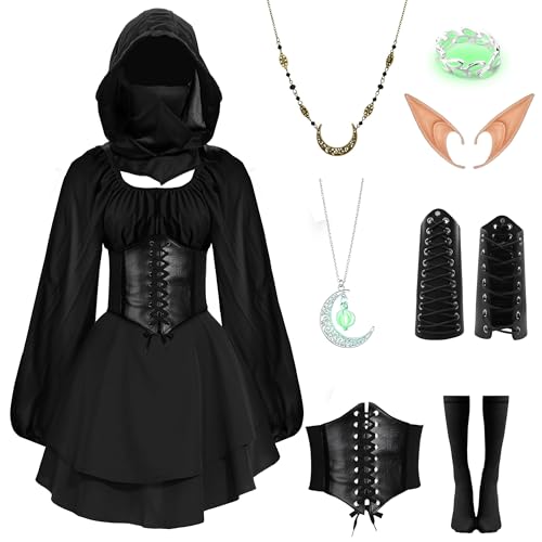 IEEILULU Mittelalter Kleidung Damen, Gothic Kleid Damen mit Kapuze, Halloween Mittelalter Kleid Damen mit Elfenohren, Korsett, Mittelalter Kostüm Damen für Karneval Halloween (Schwarz, S) von IEEILULU