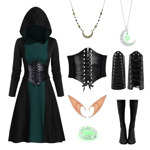 IEEILULU Mittelalter Kleidung Damen, Gothic Kleid Damen mit Kapuze, Halloween Mittelalter Kleid Damen mit Elfenohren, Korsett, Mittelalter Kostüm Damen für Karneval Halloween (Grün, S) von IEEILULU