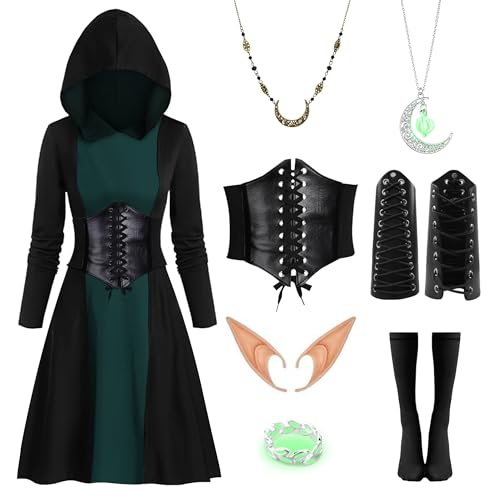 IEEILULU Mittelalter Kleidung Damen, Gothic Kleid Damen mit Kapuze, Halloween Mittelalter Kleid Damen mit Elfenohren, Korsett, Mittelalter Kostüm Damen für Karneval Halloween (Grün, S) von IEEILULU