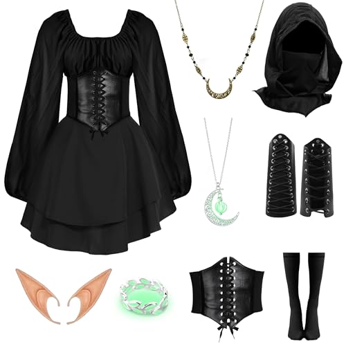 IEEILULU Mittelalter Kleidung Damen, Gothic Kleid Damen mit Kapuze, Halloween Mittelalter Kleid Damen mit Elfenohren, Korsett, Mittelalter Kostüm Damen für Karneval Halloween (Schwarz, M) von IEEILULU