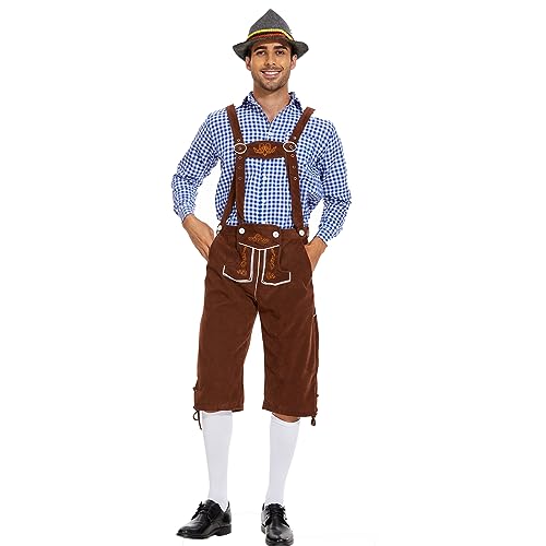 IEEILULU Oktoberfest Herren Outfit, Herren Deutsch Bayern Oktoberfest Kostüm Set mit Abnehmbarem Lätzchenträger, Karierten Hemden, Kniesocken und Bayerischen Filzhüte (Blau, L) von IEEILULU