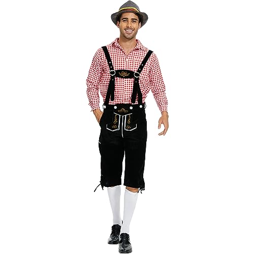 IEEILULU Oktoberfest Herren Outfit, Herren Deutsch Bayern Oktoberfest Kostüm Set mit Abnehmbarem Lätzchenträger, Karierten Hemden, Kniesocken und Bayerischen Filzhüte (Rot, L) von IEEILULU