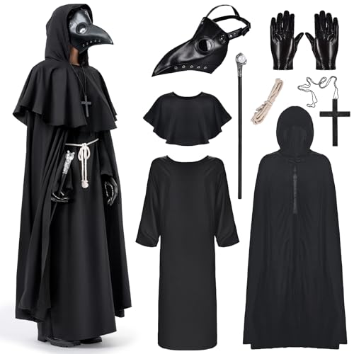 IEEILULU Pestdoktor Kostüm, Plague Doctor Costume Herren, Mittelalter Pestdoktor Cosplay Outfit mit Pestdoktor Maske, Kapuzenmantel, Karneval Kostüm Herren und Damen (Standardgröße) von IEEILULU