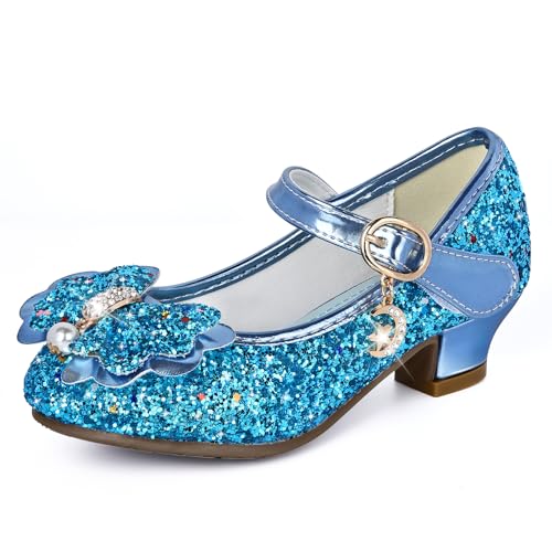 IEEILULU Prinzessin Schuhe Mädchen, Glitzer Schuhe Mädchen, Kristall Schuhe Mädchen mit Klettverschluss, Pailletten Schuhe mit Krawatte für Karneval, Hochzeit, Maskerade (Blau-28) von IEEILULU