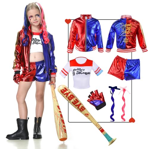 IEEILULU Quinn Kostüme Cosplay für Kinder, Kostüm Halloween Cosplay Set, Quinn Halloween Cosplay Kostüme Set Enthalten Jacke, T-Shirt, Shorts, Handschuh für Halloween Karneval Cosplay (110-120cm) von IEEILULU