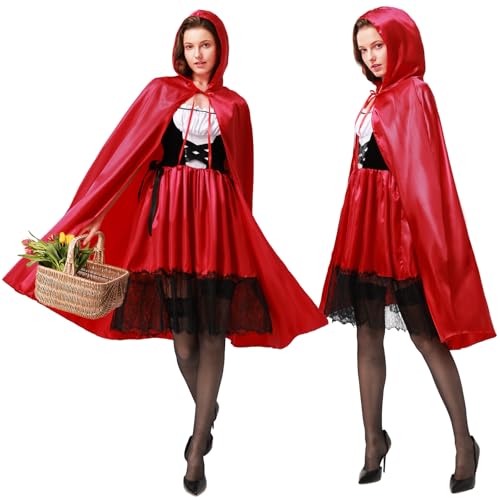 IEEILULU Rotkäppchen Kostüm Damen, Rotkäppchen Kleid Damen, Little Red Riding Hood Outfit und Umhang mit Kapuze für Erwachsene Karneval Faschings Kostüme Halloween Festlich Partykleid (L) von IEEILULU