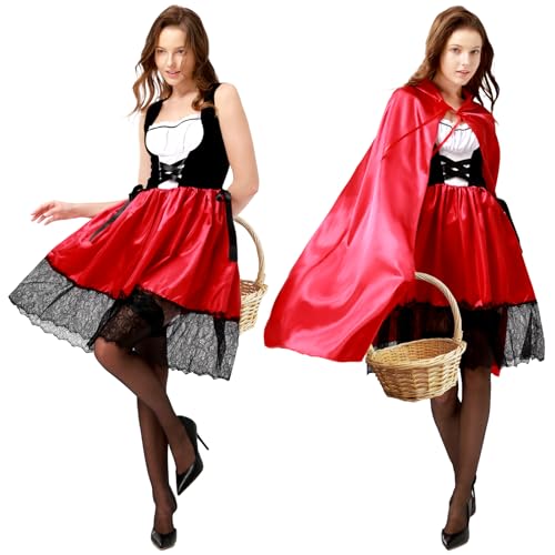 IEEILULU Rotkäppchen Kostüm Damen, Rotkäppchen Kleid Damen, Little Red Riding Hood Outfit und Umhang mit Kapuze für Erwachsene Karneval Faschings Kostüme Halloween Festlich Partykleid (M) von IEEILULU