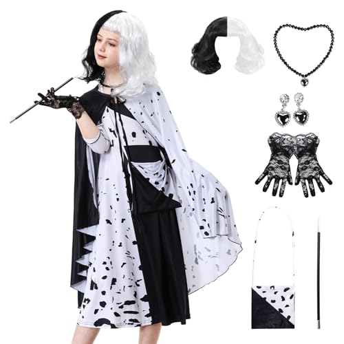 IEEILULU Cruella Devil Kostüm Mädchen, Cruella Kostüm Mädchen, Cruella de vil Kostüm mit Cruella Perücke Zubehör, Faschingskostüme Cruella Mädchen für Karneval Cosplay Halloween Party Dress Up von IEEILULU