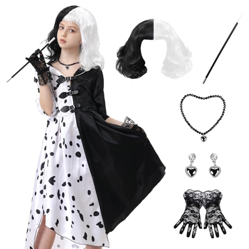 IEEILULU Cruella Deville Kostüm Kinder, Dalmatiner Kostüm Damen mit Perücke, Handschuhe + Stange Set, Halloween Kostüm für Karneval Party Dress Up für Kinder Mädchen (B, 2) von IEEILULU