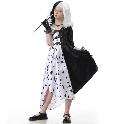 IEEILULU Cruella Devil Kostüm Mädchen, Cruella Kostüm Mädchen, Cruella de vil Kostüm mit Cruella Perücke Zubehör, Faschingskostüme Cruella Mädchen für Karneval Cosplay Halloween Party Dress Up von IEEILULU