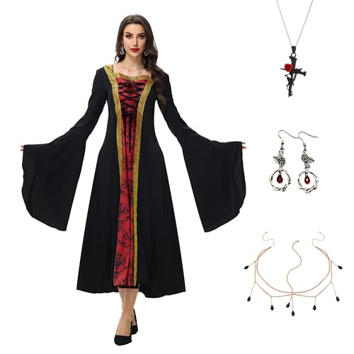 IEEILULU Halloween Kostüm Damen Vampir, Mittelalter Kleidung Damen Gotisch Kapuzen Vampirkostüm mit Halskette und Ohrringen, Vampir Kostüm Damen für Halloween Fasching Cosplay Maskerade(2XL) von IEEILULU