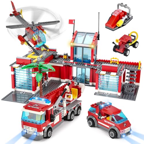 IEEILULU City Feuerwehr Bausteine, Feuerwehrstation Set Kinder, Feuerwehrauto LKW Helicopter Spielzeugset Krankenwagen Feuerwehr Spielzeug Geschenk für Kinder Jungen Mädchen Alter 6+ Jahren von IEEILULU