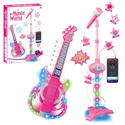 Gitarren- und Mikrofon-Set für Kinder, Gitarrenspielzeug mit Musik und buntem Licht, höhenverstellbares Mikrofon mit Ständer, Karaoke-Maschine, Musikinstrumente, Spielzeug (Rosa) Gitarren- und Mikrofon-Set für Kinder, Gitarrenspielzeug mit Musik und buntem Licht, höhenverstellbares Mikrofon mit Ständer, Karaoke-Maschine, Musikinstrumente, Spielzeug (Rosa) von IFASHIHOME