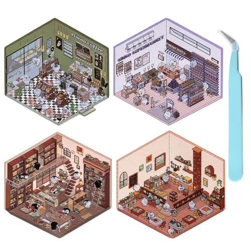 IFSLQNX 4 Sets DIY 3D House Stickers, Fun DIY Stickers Scene, DIY 3D Sticker Scene Make Your Own Supermarket|Coffee Shop|Restaurant|Bookstore, Cute Korean Cartoon Scene Stickers (4pcs A) von IFSLQNX