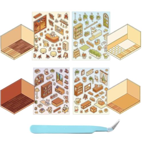 IFSLQNX 4 Sets DIY 3D House Stickers, Fun DIY Stickers Scene, DIY 3D Sticker Scene Make Your Own Supermarket|Coffee Shop|Restaurant|Bookstore, Cute Korean Cartoon Scene Stickers (4pcs B) von IFSLQNX