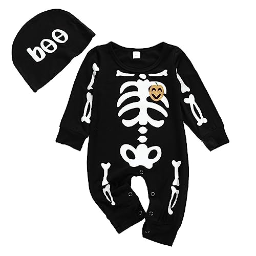 Baby Halloween Kleidung Cosplay Kostüme Strampler Fledermaus Neugeborene Baby Geschenke Kleinkind Baby Jungen Mädchen Outfits Body mit Mütze Winterkleidung Langarm Jumpsuit Babykleidung(02-Black,80) von IGHSNZUH