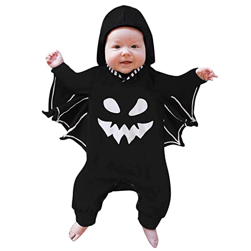 Baby Halloween Kleidung Cosplay Kostüme Strampler Fledermaus Neugeborene Baby Geschenke Kleinkind Baby Jungen Mädchen Outfits Body mit Mütze Winterkleidung Langarm Jumpsuit Babykleidung(03-black,70) von IGHSNZUH