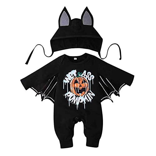 Baby Halloween Kleidung Cosplay Kostüme Strampler Fledermaus Neugeborene Baby Geschenke Kleinkind Baby Jungen Mädchen Outfits Body mit Mütze Winterkleidung Langarm Jumpsuit Babykleidung(09-black,70) von IGHSNZUH