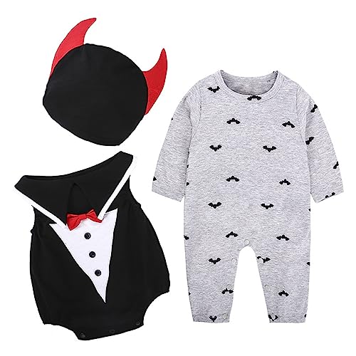 Baby Halloween Kostüme Baby Junge Mädchen Halloween Outfits Langarm Fledermaus Strampler Mütze Lässig Festival Cosplay Teufel Meine erste Halloween Kleidung Winter Jumpsuit Babykleidung(C,70) von IGHSNZUH