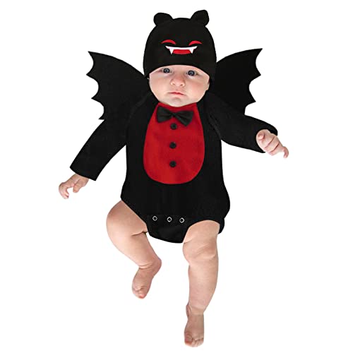 Baby Junge Mädchen Fledermaus Halloween Kostüm Ärmelloser Fledermaus Strampler mit Flügelmütze Neugeborenes Kleinkind Cosplay Party Outfit Kleidung 1-teiliger Body Meine erste Halloween Fotografie Win von IGHSNZUH