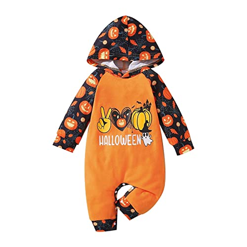 Halloween-Outfit for Kleinkinder, Jungen und Mädchen, Halloween-Baby-Strampler, Halloween-Kostüme for Babys, einteiliger Overall mit Kapuze, langen Raglan-Ärmeln und Cartoon-Druck(3-6 Months) von IGHSNZUH