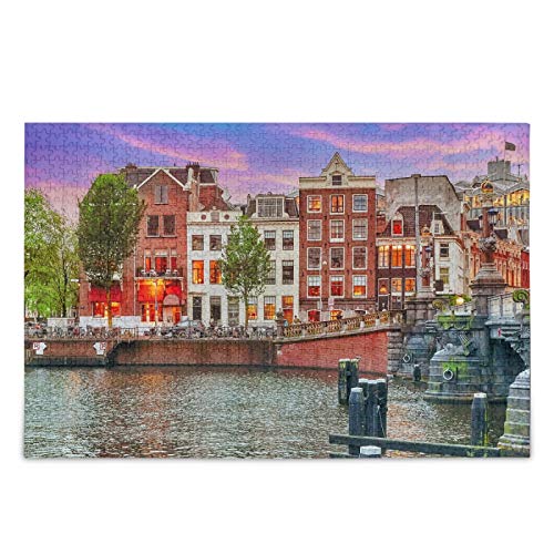 IGHSNZUH Amsterdam City Jigsaw Puzzle Sunset Lake Bunte Häuser 500 Stück Rätsel Pädagogische Intellektuelle Dekomprimierende Lustige Spiele Für Kinder Erwachsenen Heimwand Dekor von IGHSNZUH