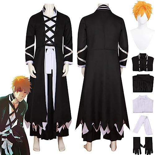 IGHSNZUH Anime B'leach Kurosaki Ichigo Cosplay Kostüm Outfit Rollenspiel Schwarze Uniform Umhang Perücke Komplettset Halloween Party Karneval Dress Up Anzug for Männer Jungen(2pcs) von IGHSNZUH