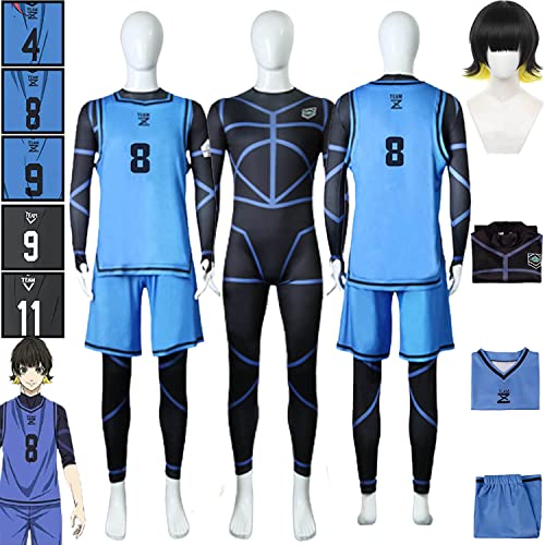 IGHSNZUH Anime Blue Lock Cosplay Kostüm Outfit Nr. 8 Bachira Meguru Fußballtrikot Sportbekleidung Uniform Komplettset Halloween Karneval Party Dress Up Anzug mit Perücke for Männer Jungen(2pcs) von IGHSNZUH