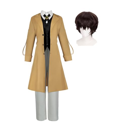 IGHSNZUH Anime Bungo Stray Dogs Cosplay Kostüm Ranpo Edogawa/Yosano Akiko/Dazai Osamu Cosplay Kostüm BSD Halloween Outfits mit Perücke Karneval Cosplay Verkleidung(Dazai Osamu Costume With Wig,2XL) von IGHSNZUH