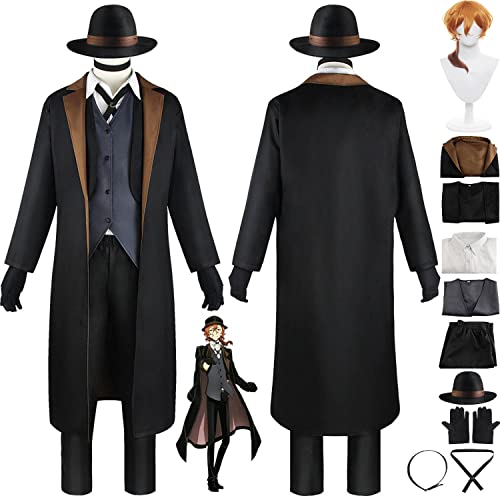 IGHSNZUH Anime Bungou Stray Dogs Nakahara Chuuya Cosplay Kostüm Outfit Schwarze Uniform Umhang Komplettset Halloween Karneval Party Dress Up Anzug mit Hut Perücke for Männer Jungen(2pcs) von IGHSNZUH