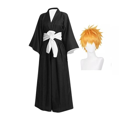 IGHSNZUH Anime Kurosaki Ichigo Cosplay Kostüm Anime Kimono Kostüme Komplettes Set Halloween Party Kostüme for Jungen und Männer(Black With Wig,2pcs) von IGHSNZUH