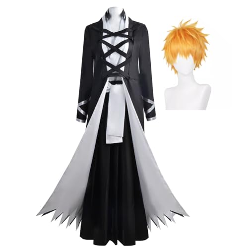 IGHSNZUH Anime Kurosaki Ichigo Cosplay Kostüm Outfits Kimono Uniform Schwarz Outfits Halloween Comic-Con Dress Up Komplette Sets(Uniform With Wig,2pcs) von IGHSNZUH