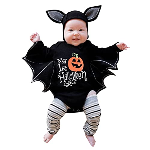 IGHSNZUH Baby 9 Monate Kleidung Mädchen Neugeborene Jungen Mädchen Halloween Cartoon Brief Drucke Cosplay Romper Infant Kostüm Bodysuit Hut Outfits Mädchen Leder Overall(Black-a,100) von IGHSNZUH