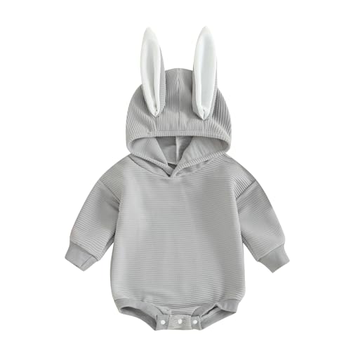 IGHSNZUH Baby Jungen Mädchen Hasen Strampler mit Kapuze Niedlicher Hasenohren Overall Langarm 3D Ohren Oster Outfit for Halloween(Gray,12-18 Months) von IGHSNZUH