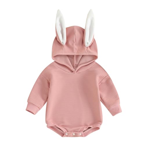 IGHSNZUH Baby Jungen Mädchen Hasen Strampler mit Kapuze Niedlicher Hasenohren Overall Langarm 3D Ohren Oster Outfit for Halloween(Pink,12-18 Months) von IGHSNZUH