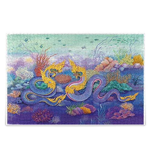 IGHSNZUH Blauer Lila Drache-Malerei-Puzzle, Buntes Riff-Blumenmuster, 500 Teile, Puzzle, Pädagogisch, Intellektuell, Dekomprimierend, Lustiges Spiel Für Kinder, Erwachsene, Heim-Wanddekoration von IGHSNZUH