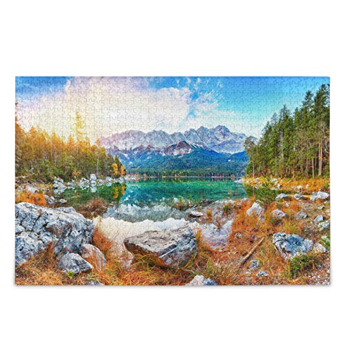 IGHSNZUH Herbst Eibsee Lake Jigsaw Puzzle Landschaft Zugspitzsgipfel Sonnenlicht Sonnenlicht 500 Stück Rätsel Pädagogische Intellektuelle Dekomprimierung Lustiges Spiel Für Kinder Erwachsene Home Wa von IGHSNZUH