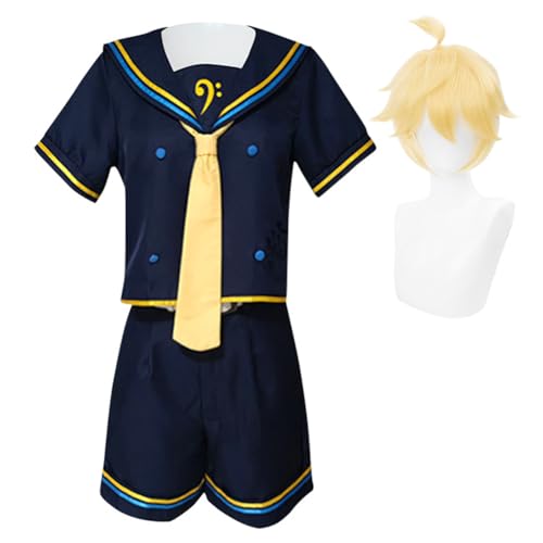 IGHSNZUH Kagamine Rin Cosplay Kostüm Marineblauer Matrosenanzug High School Uniform for Halloween Comic Con Anime Spiel Rollenspiel Komplettset Outfits(Len-type1+wig,2pcs) von IGHSNZUH