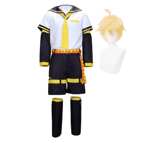 IGHSNZUH Kagamine Rin Cosplay Kostüm Marineblauer Matrosenanzug High School Uniform for Halloween Comic Con Anime Spiel Rollenspiel Komplettset Outfits(Len-type2+wig,2pcs) von IGHSNZUH