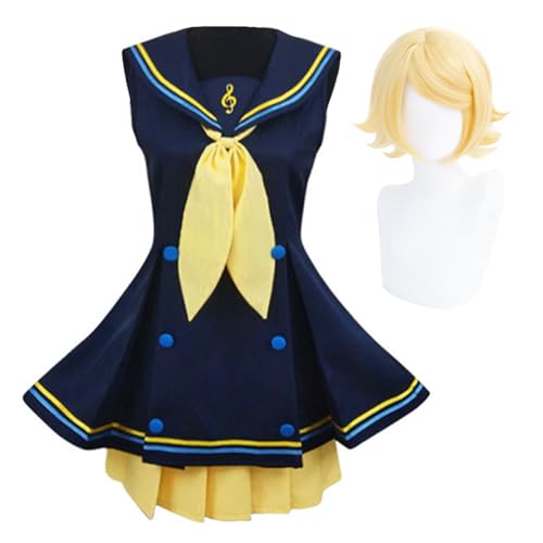 IGHSNZUH Kagamine Rin Cosplay Kostüm Marineblauer Matrosenanzug High School Uniform for Halloween Comic Con Anime Spiel Rollenspiel Komplettset Outfits(Rin-type 1+wig,2pcs) von IGHSNZUH