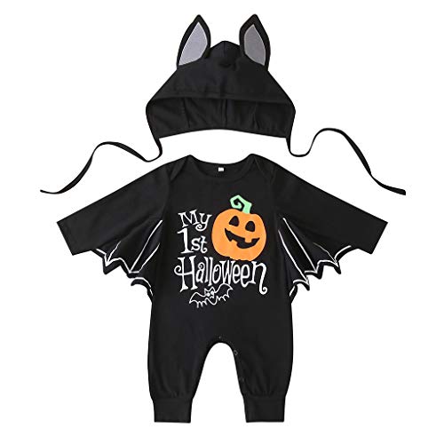 IGHSNZUH Meine ersten Halloween-Outfits for Neugeborene, Baby, Fledermaus-Cosplay-Kostüm mit Fledermausärmeln, Umhang mit Cartoon-Buchstaben-Print, Strampler mit Hut-Outfit(Size:100-XL) von IGHSNZUH