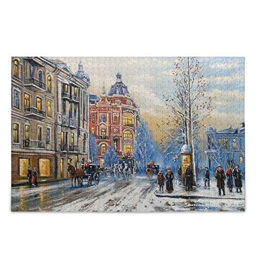 IGHSNZUH Ölgemälde, Altstadt, Straße, Puzzle, Winterschnee, 500 Teile, Puzzle, Pädagogisch, Intellektuell, Dekomprimierend, Lustiges Spiel Für Kinder, Erwachsene, Heimwanddekoration von IGHSNZUH