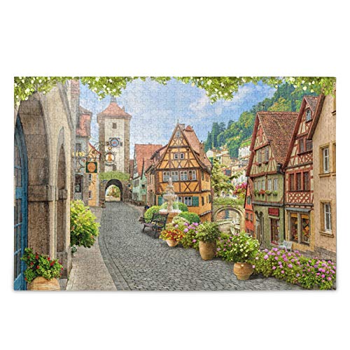 IGHSNZUH Old Town Houses Painting Puzzle Grünes Gras 500 Teile Puzzles Pädagogisches Intellektuelles Dekomprimierungsspaßspiel Für Kinder Erwachsene Heimwanddekoration von IGHSNZUH