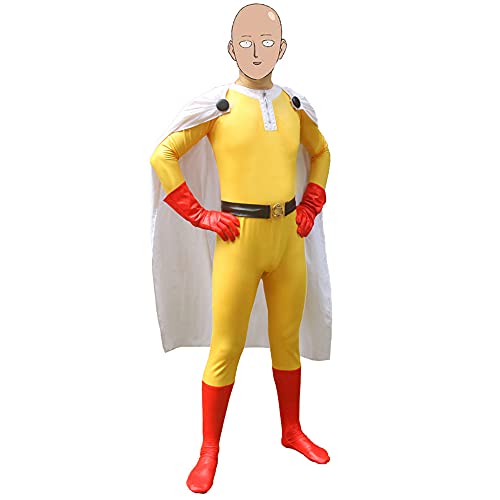 IGHSNZUH One Punch Man Overall Cosplay Kostüme Anime Saitama Cosplay Kostüme Overalls mit Cape Bodysuit Komplettset for Halloween Karneval Party(2XL) von IGHSNZUH