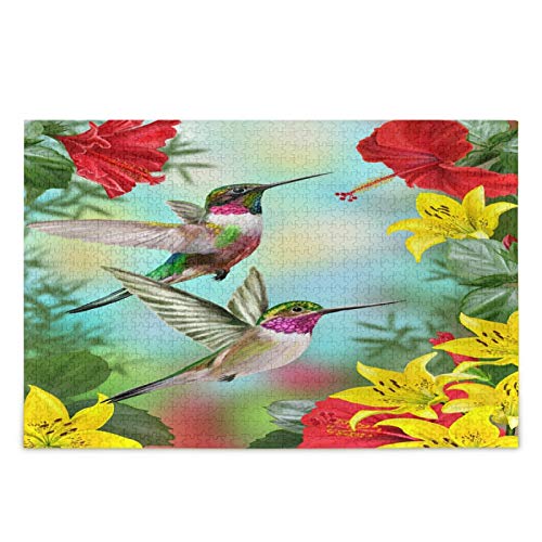 IGHSNZUH Puzzle Mit Zwei Kolibris, Hibiskusblüten, Frühling, Gelbe Lilien, Blumenmuster, 1000 Teile, Puzzle, Pädagogisch, Intellektuell, Dekomprimierend, Lustiges Spiel Für Kinder Und Erwachsene, He von IGHSNZUH