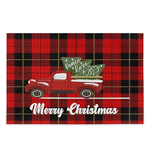 IGHSNZUH Weihnachtsbaum-Roter LKW-Puzzle, Rotes Tartan-Plaid, 500 Teile, Puzzle, Pädagogisch, Intellektuell, Dekomprimierend, Lustiges Spiel Für Kinder, Erwachsene, Heim-Wanddekoration von IGHSNZUH