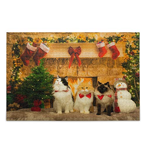 IGHSNZUH Weihnachtskatzen-Foto-Puzzle, Weihnachtsbaumsocken, Kamin, 500 Teile, Puzzle, Pädagogisch, Intellektuell, Dekomprimierend, Lustiges Spiel Für Kinder, Erwachsene, Heim-Wanddekoration von IGHSNZUH