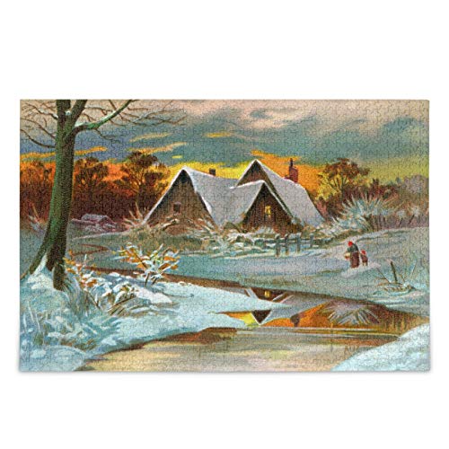 IGHSNZUH Winterszenisches Vintage-Haus-Puzzle, Wintervogel-Sonnenuntergang, 500 Teile, Puzzle, Pädagogisch, Intellektuell, Dekomprimierend, Lustiges Spiel Für Kinder, Erwachsene, Heim-Wanddekoration von IGHSNZUH